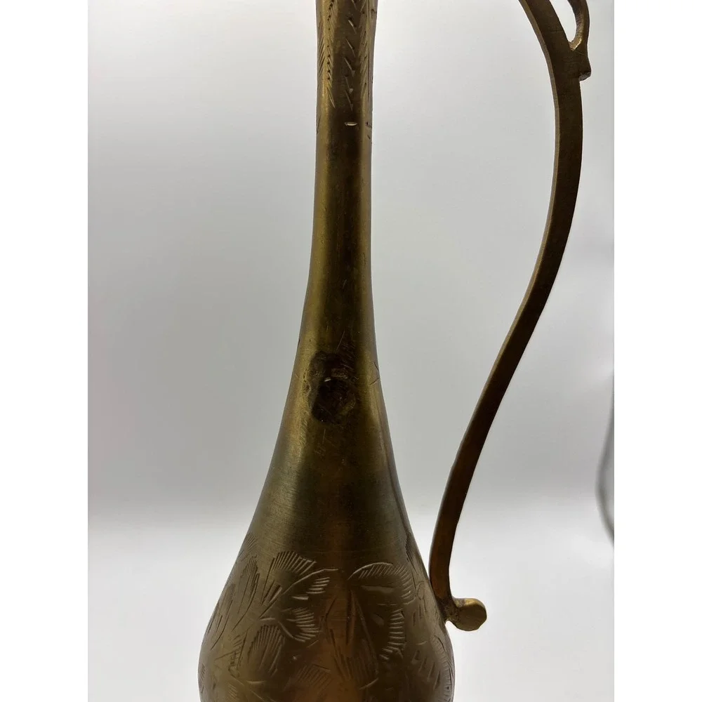 Vintage Etched Brass Aftaba Pitcher Decorative Tall Bud Vase India 11.5 inch